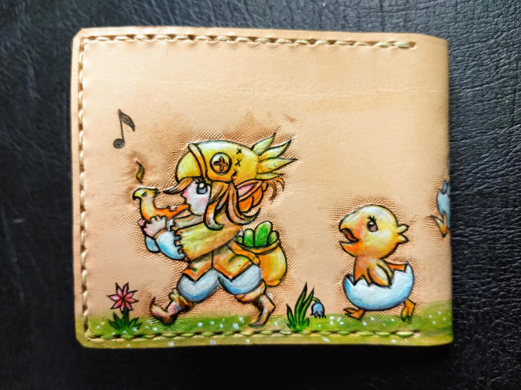 Floral Chocobo Chick march - Tan Leather Bifold Wallet - Handcrafted Final Fantasy inspired Wallet - baby