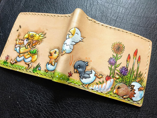 Floral Chocobo Chick march - Tan Leather Bifold Wallet - Handcrafted Final Fantasy inspired Wallet - baby