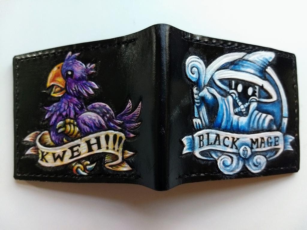 Purple Chocobo and Black Mage - Leather Bifold Wallet - Handcrafted Final Fantasy inspired Wallet -