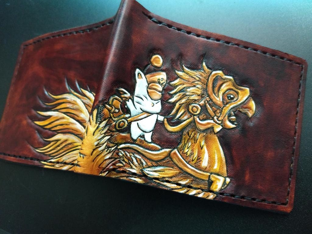 FF14 Sepia Chocobo and moogle Rider - dark brown Leather Bifold Wallet - Handcrafted Final Fantasy 14 inspired Wallet -