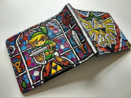 Wind Waker colorful stained glass Hyrule Crest leather wallet- Color version - Leather Bifold Wallet - Handcrafted Legend of Zelda Wallet -