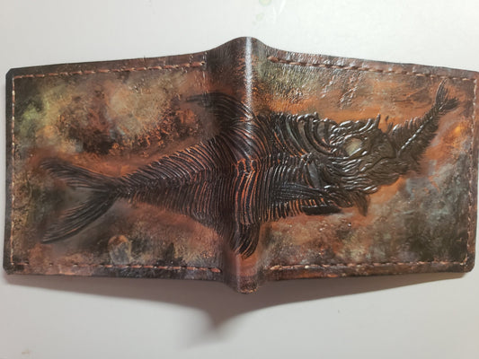 Fish Fossil - Leather Bifold Wallet - you choose mettalic gold, brown or black for the fossil -