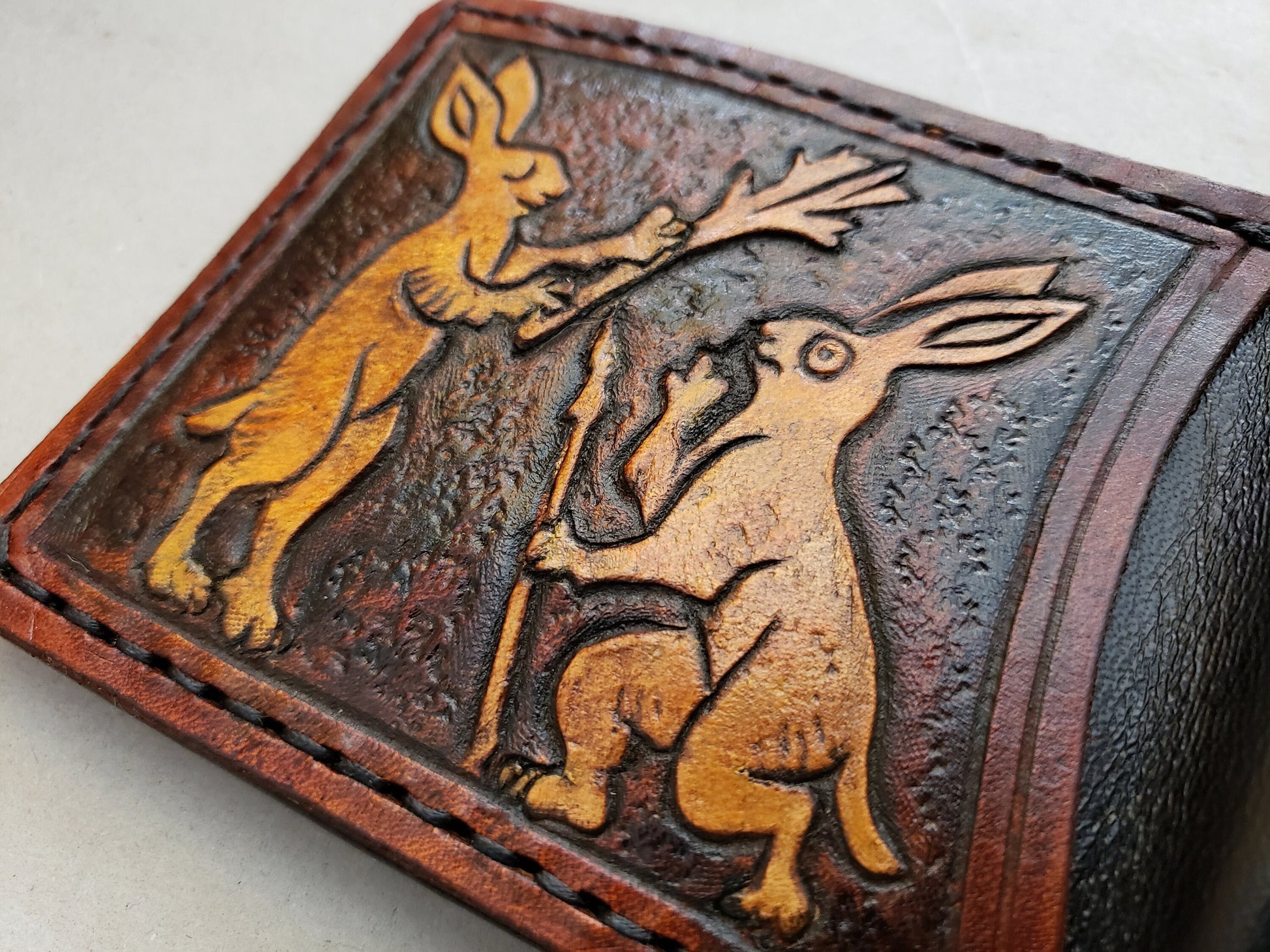 Marginalia medieval rabbits - leather wallet- Dark Brown and ivory colour - Leather Bifold Wallet - Handcrafted