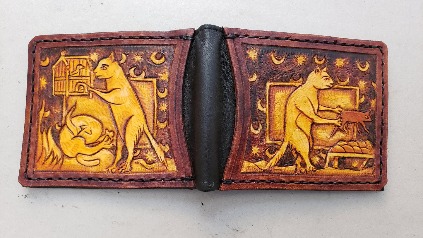 Marginalia medieval cats - leather wallet- Dark Brown and ivory colour - Leather Bifold Wallet - Handcrafted