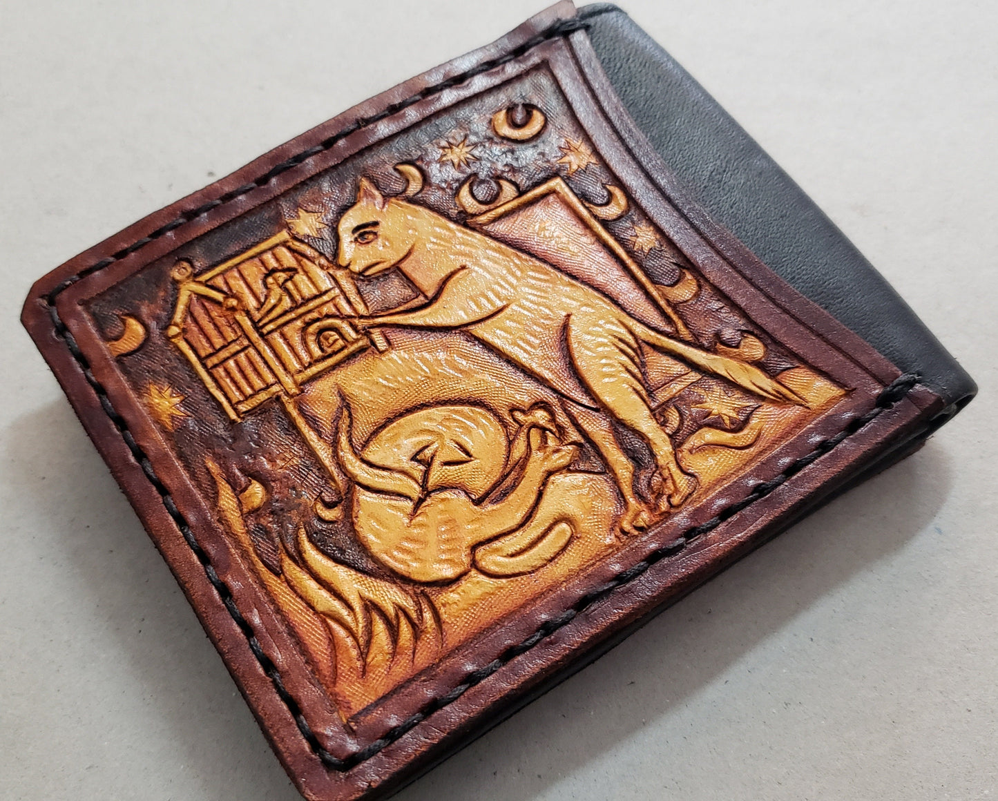 Marginalia medieval cats - leather wallet- Dark Brown and ivory colour - Leather Bifold Wallet - Handcrafted