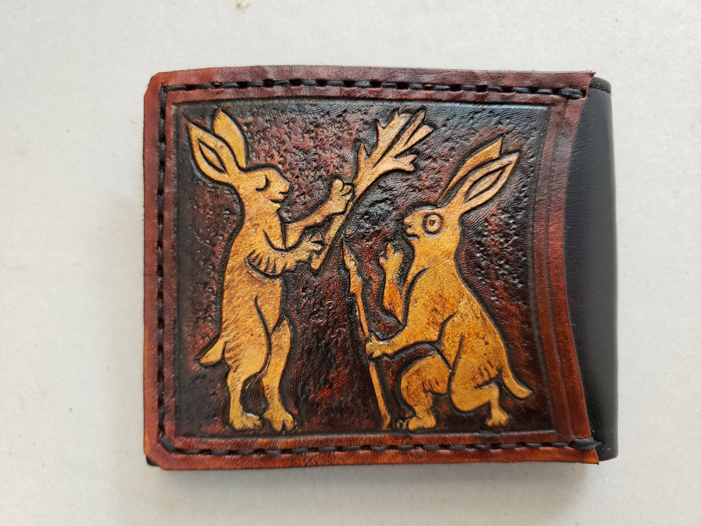 Marginalia medieval rabbits - leather wallet- Dark Brown and ivory colour - Leather Bifold Wallet - Handcrafted