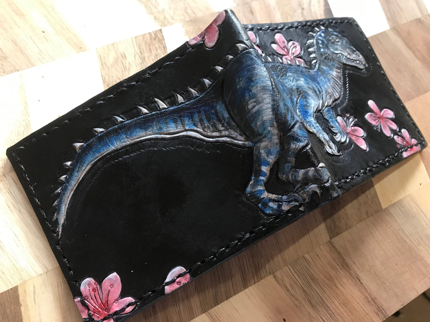 Raptor and cherry blossom - dinosaur - Fossil - Leather Bifold Wallet - Handcrafted Wallet -