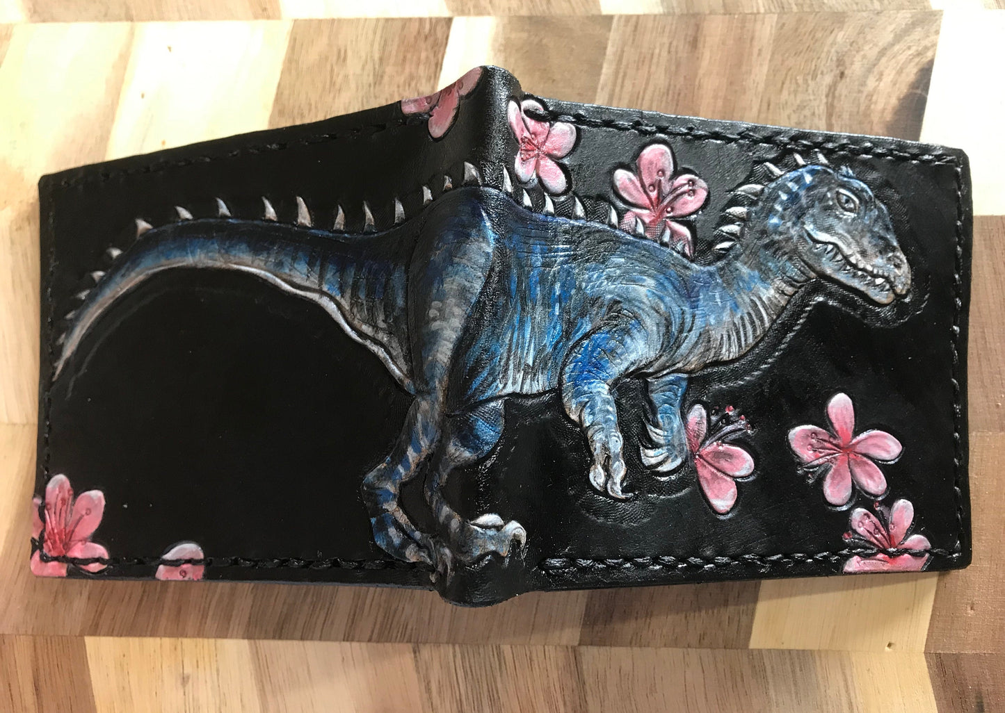 Raptor and cherry blossom - dinosaur - Fossil - Leather Bifold Wallet - Handcrafted Wallet -