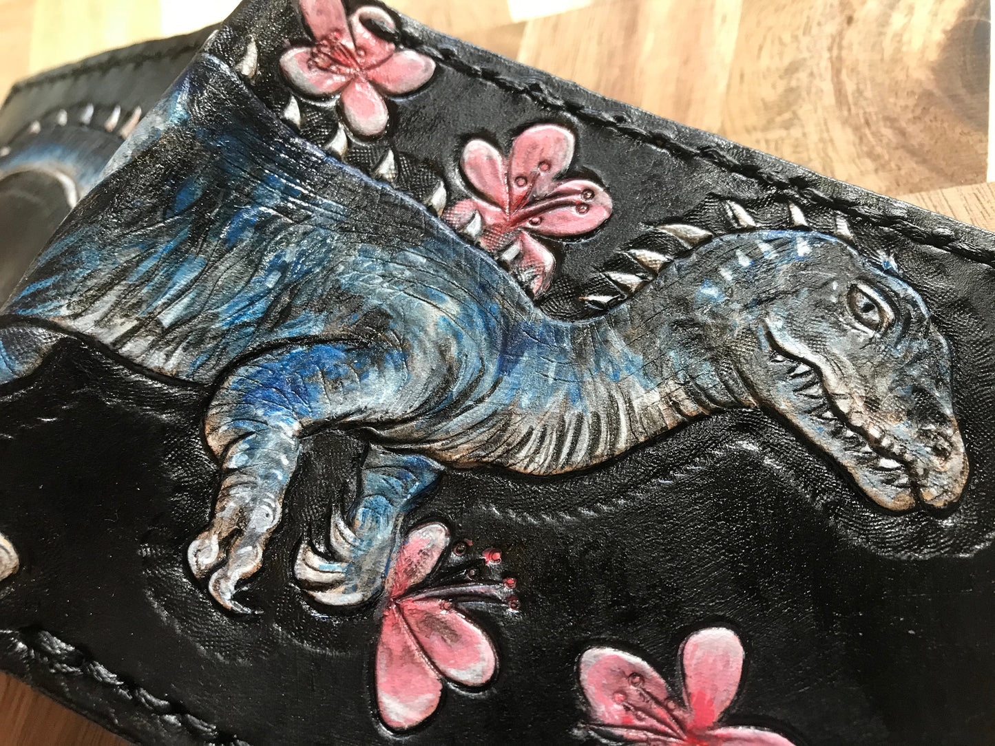 Raptor and cherry blossom - dinosaur - Fossil - Leather Bifold Wallet - Handcrafted Wallet -
