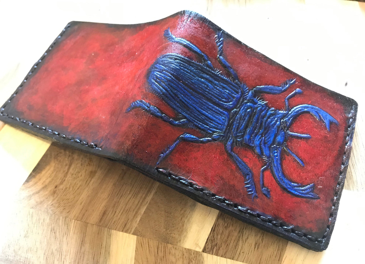 Stag Beetle leather wallet - formal - slim real leather wallet- Blue in red bifold wallet