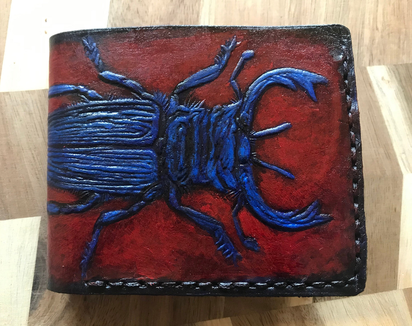 Stag Beetle leather wallet - formal - slim real leather wallet- Blue in red bifold wallet