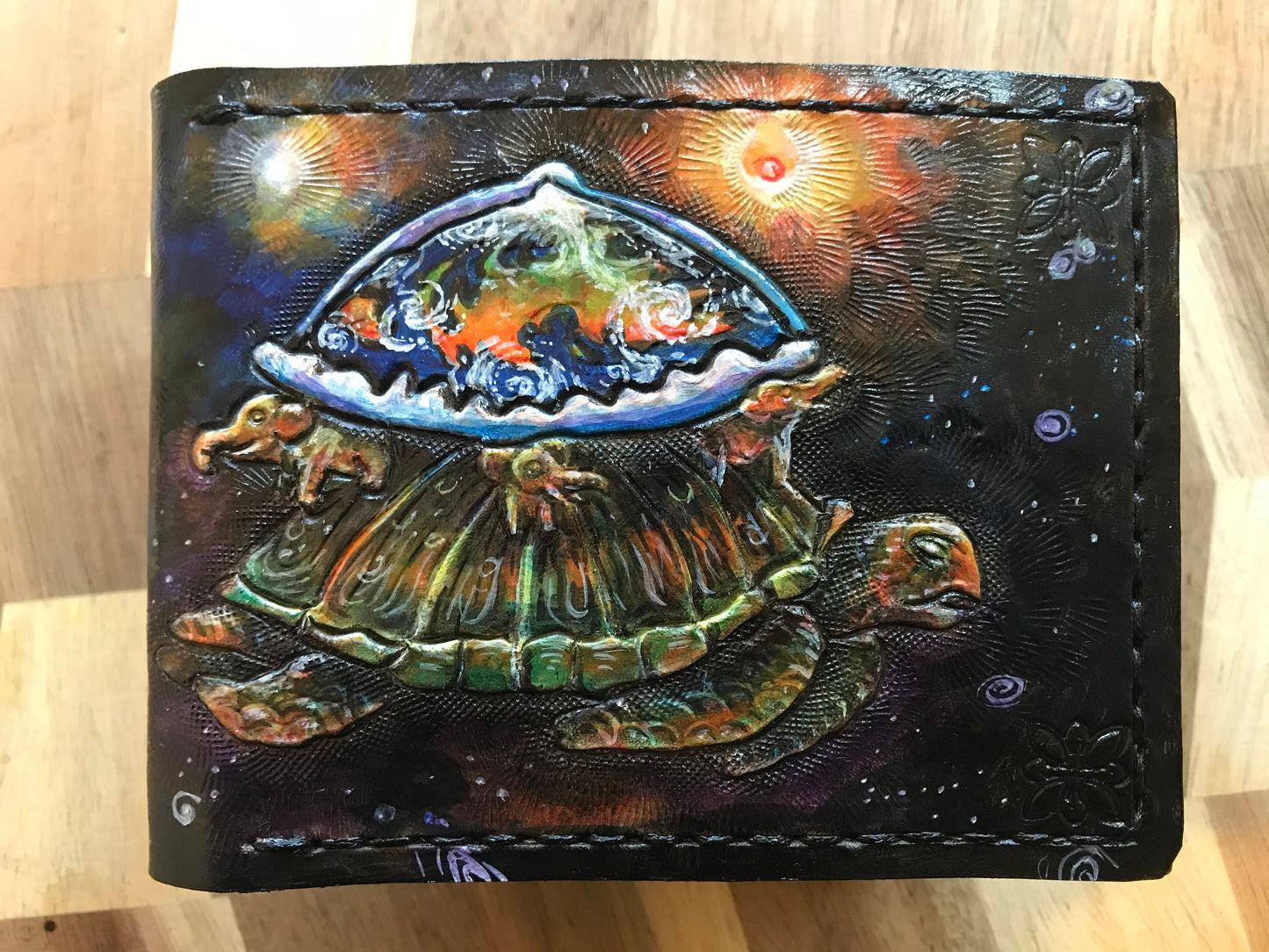 Hindu mythical Cosmic turtle - Colour version - Akupāra - Leather Bifold Wallet - Handcrafted Wallet -