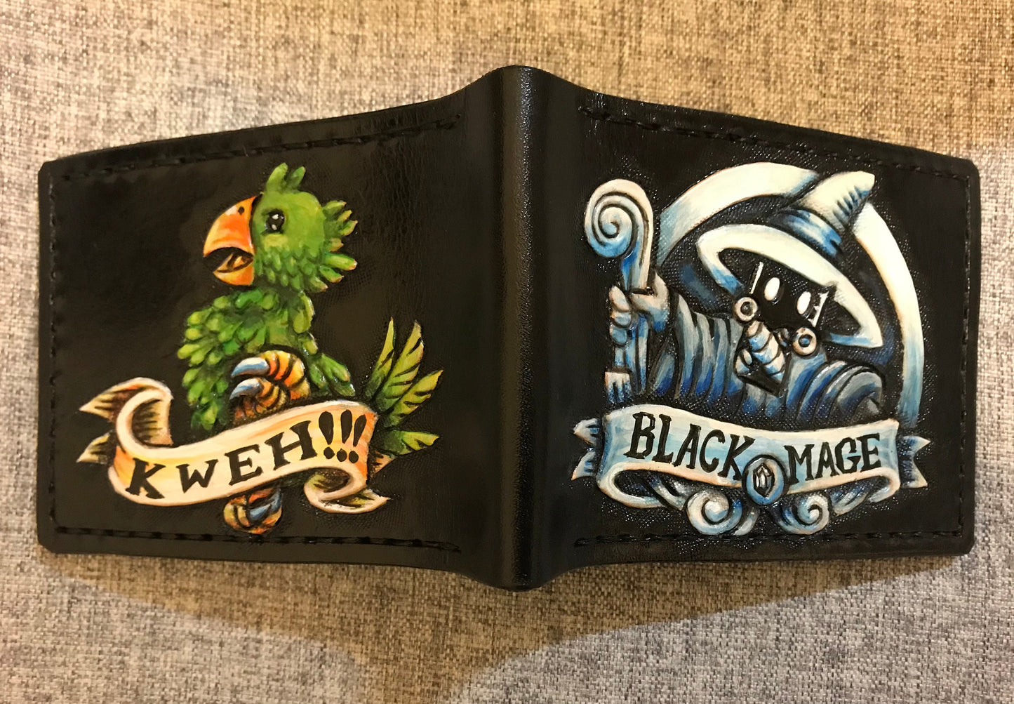 Green Chocobo and Black Mage - Leather Bifold Wallet - Handcrafted Final Fantasy inspired Wallet -
