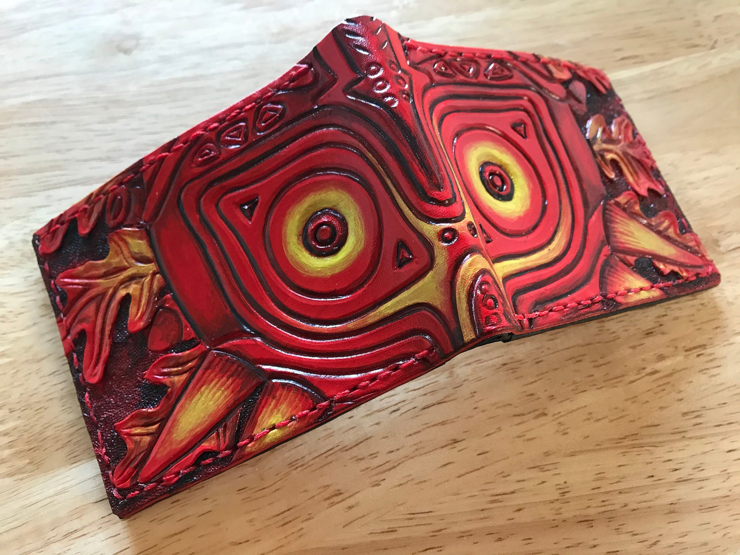 Red Oak leaf Majoras Mask leather wallet- Leather Bifold Wallet - Handcrafted Legend of Zelda Wallet - Link Wallet