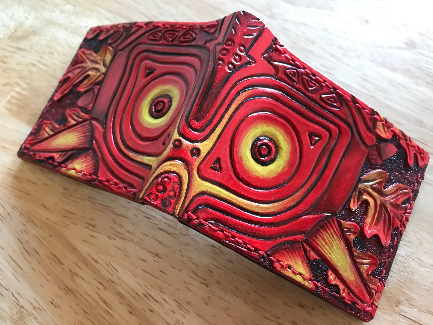 Red Oak leaf Majoras Mask leather wallet- Leather Bifold Wallet - Handcrafted Legend of Zelda Wallet - Link Wallet