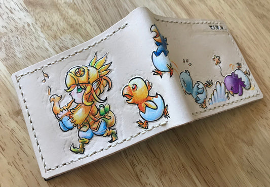 Chocobo Chick March blue purple version - Tan Leather Bifold Wallet - Handcrafted Final Fantasy inspired Wallet - baby