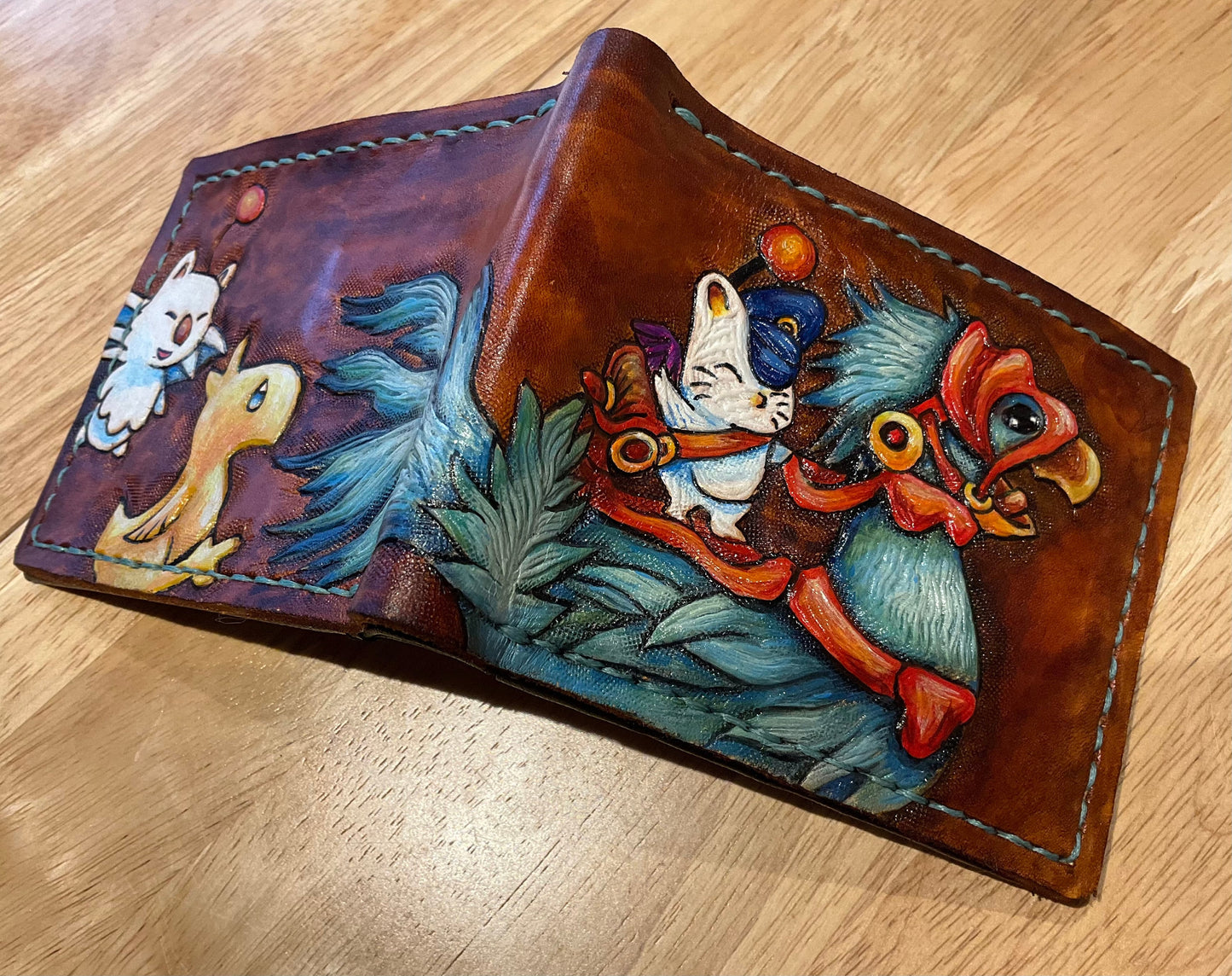 Chocobo and baby, Mog and moogle messenger - cerulean - dark brown Leather Bifold Wallet - Handcrafted Final Fantasy 14 inspired Wallet -