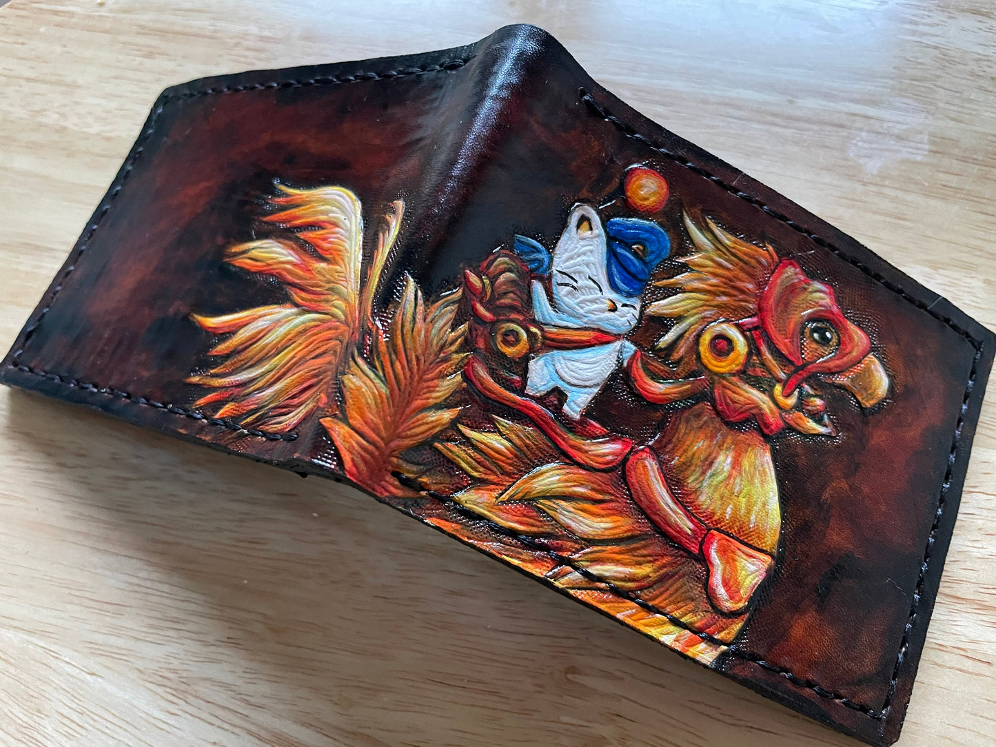 FF14 Gold Chocobo and moogle Rider - dark brown Leather Bifold Wallet - Handcrafted Final Fantasy 14 inspired Wallet -