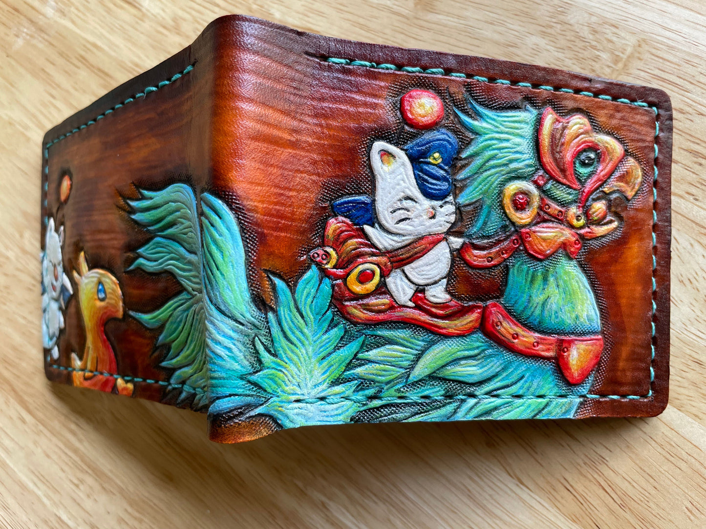 Chocobo and baby, Mog and moogle messenger - meadow green  - Handcrafted Final Fantasy 14 inspired Wallet -
