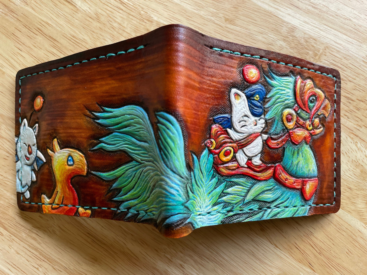 Chocobo and baby, Mog and moogle messenger - meadow green  - Handcrafted Final Fantasy 14 inspired Wallet -