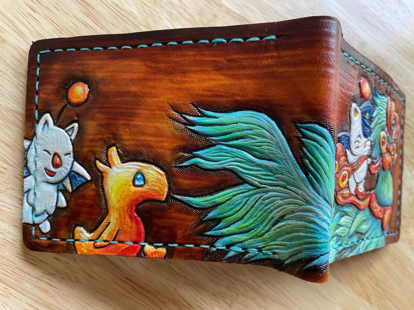 Chocobo and baby, Mog and moogle messenger - meadow green  - Handcrafted Final Fantasy 14 inspired Wallet -