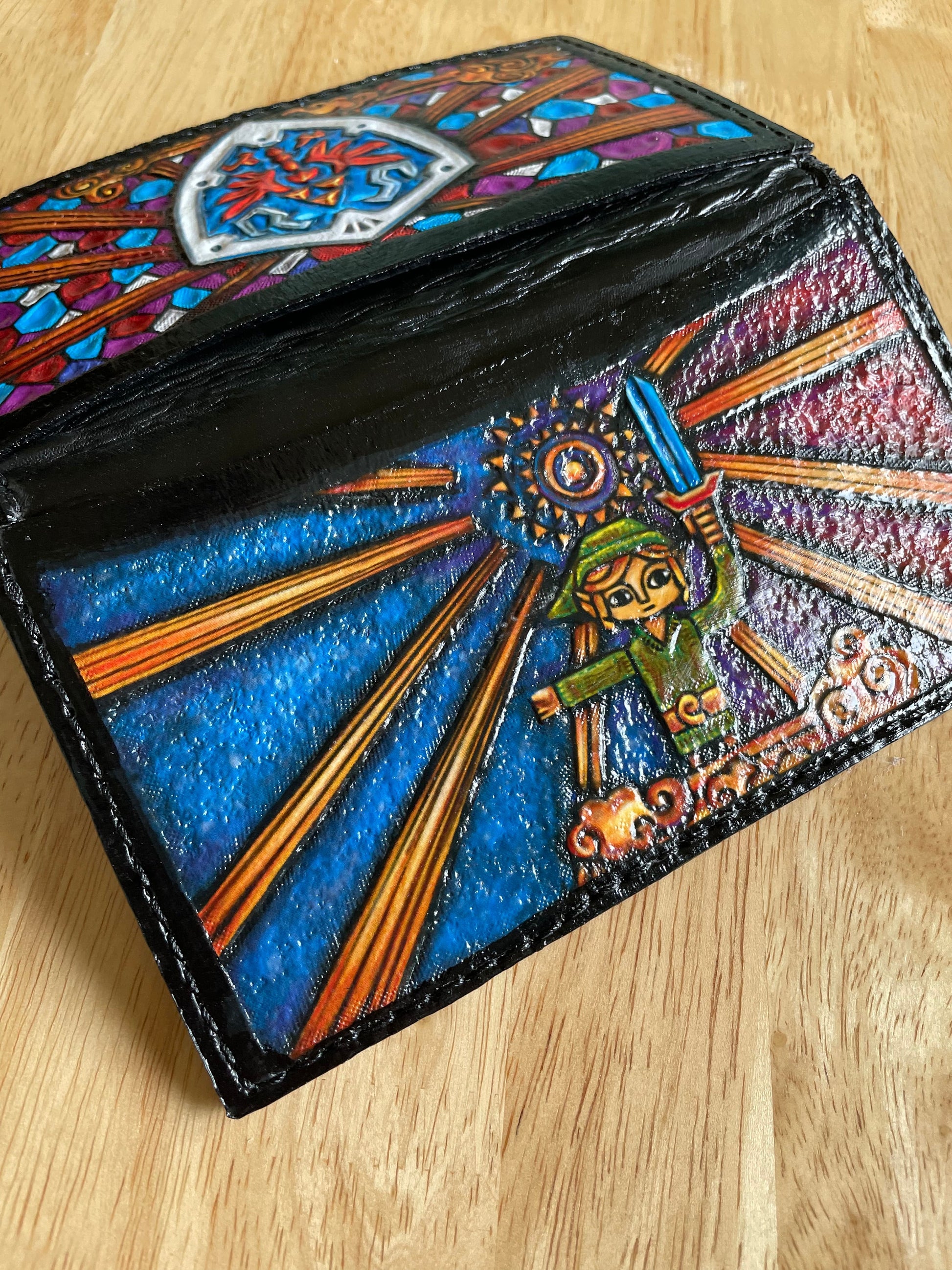 Windwaker - Long Purse/wallet 18 card holders + more - Hyrule Shield stained glass- Leather - Handcrafted Zelda inspired Long Wallet -