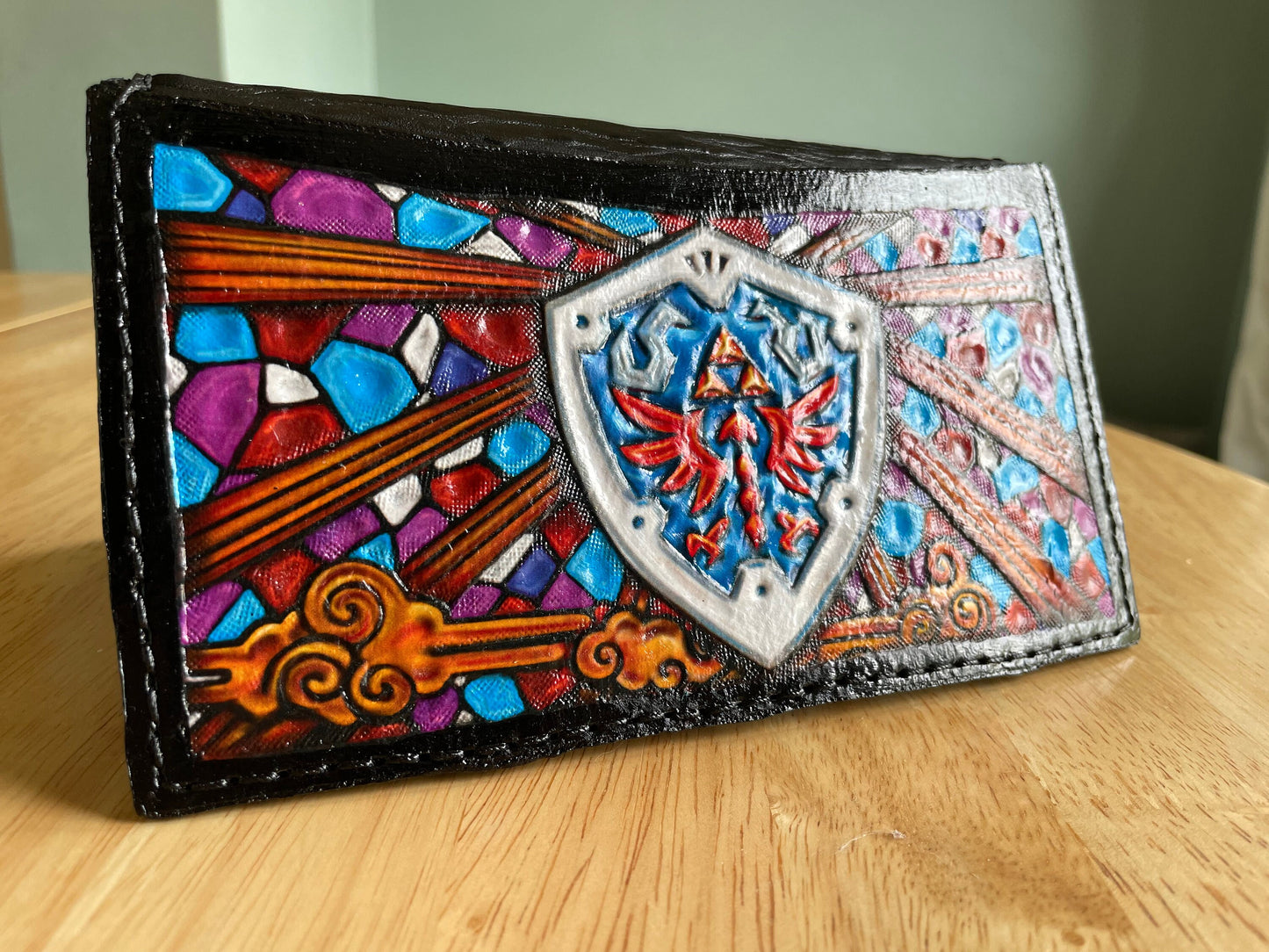 Windwaker - Long Purse/wallet 18 card holders + more - Hyrule Shield stained glass- Leather - Handcrafted Zelda inspired Long Wallet -