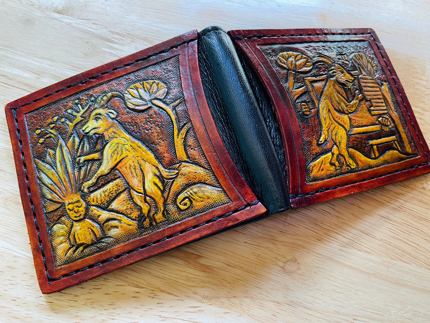 Marginalia medieval Goats - bee keepers - leather wallet- Dark Brown and ivory colour - Leather Bifold Wallet - Handcrafted