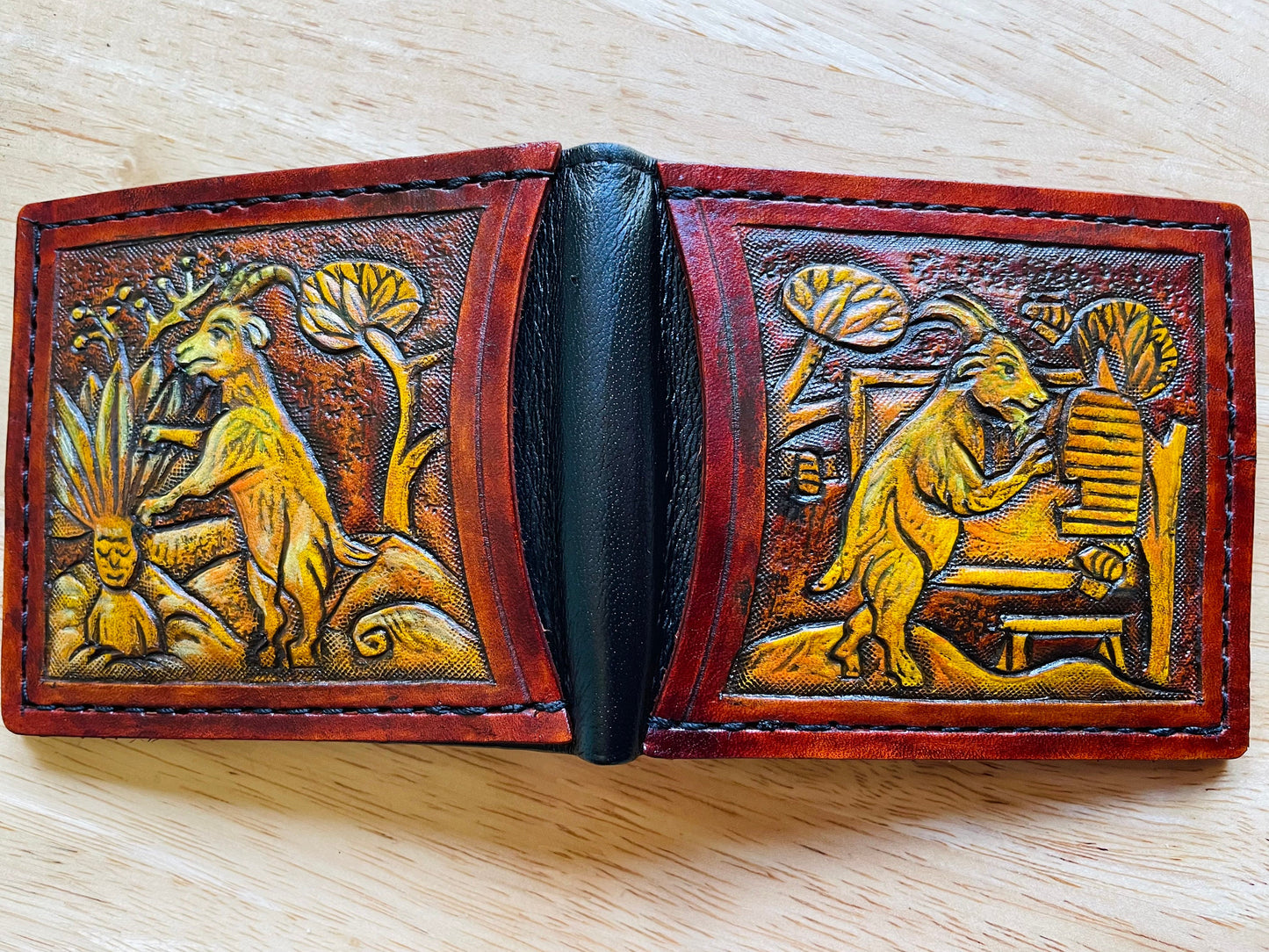 Marginalia medieval Goats - bee keepers - leather wallet- Dark Brown and ivory colour - Leather Bifold Wallet - Handcrafted