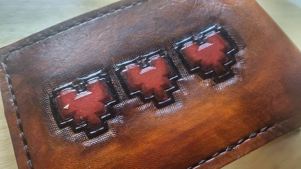 Pixel Link and Heart containers- color version - leather wallet - Leather Bifold Wallet - Handcrafted Legend of Zelda Wallet - Link Wallet