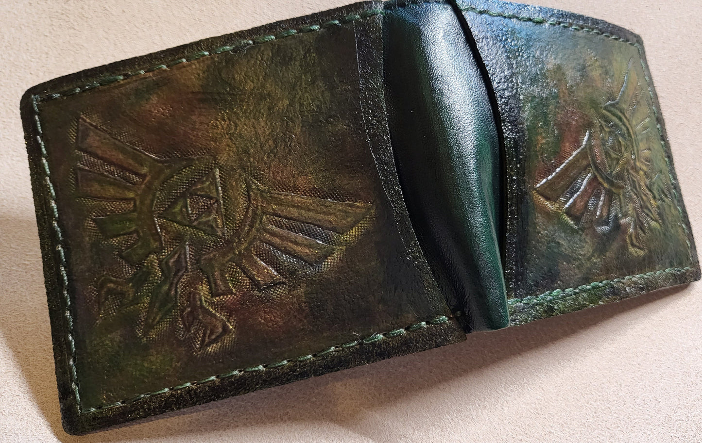 Double Hyrule Crest kokiri green version - Dark Brown version - Leather Bifold Wallet - Handcrafted Legend of Zelda Wallet - Link Wallet