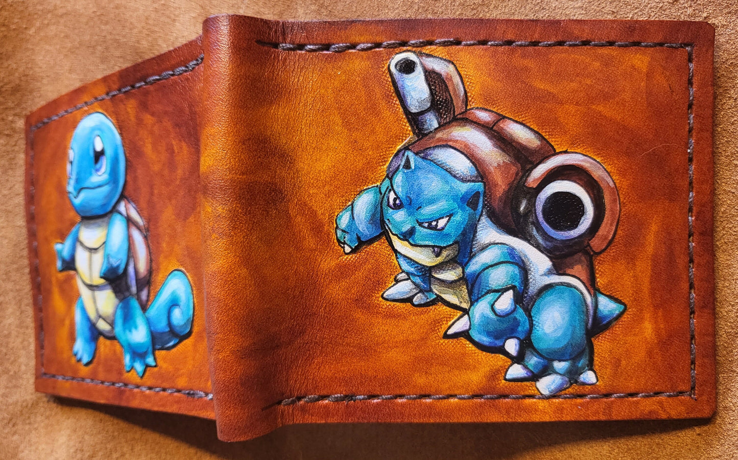 Squirtle and Blastoise - Leather Bifold Wallet - Handcrafted Wallet -