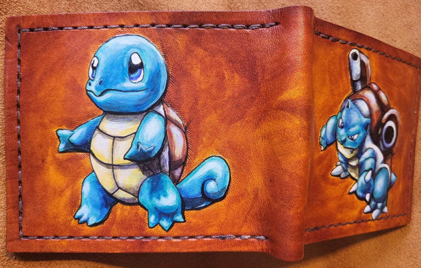 Squirtle and Blastoise - Leather Bifold Wallet - Handcrafted Wallet -