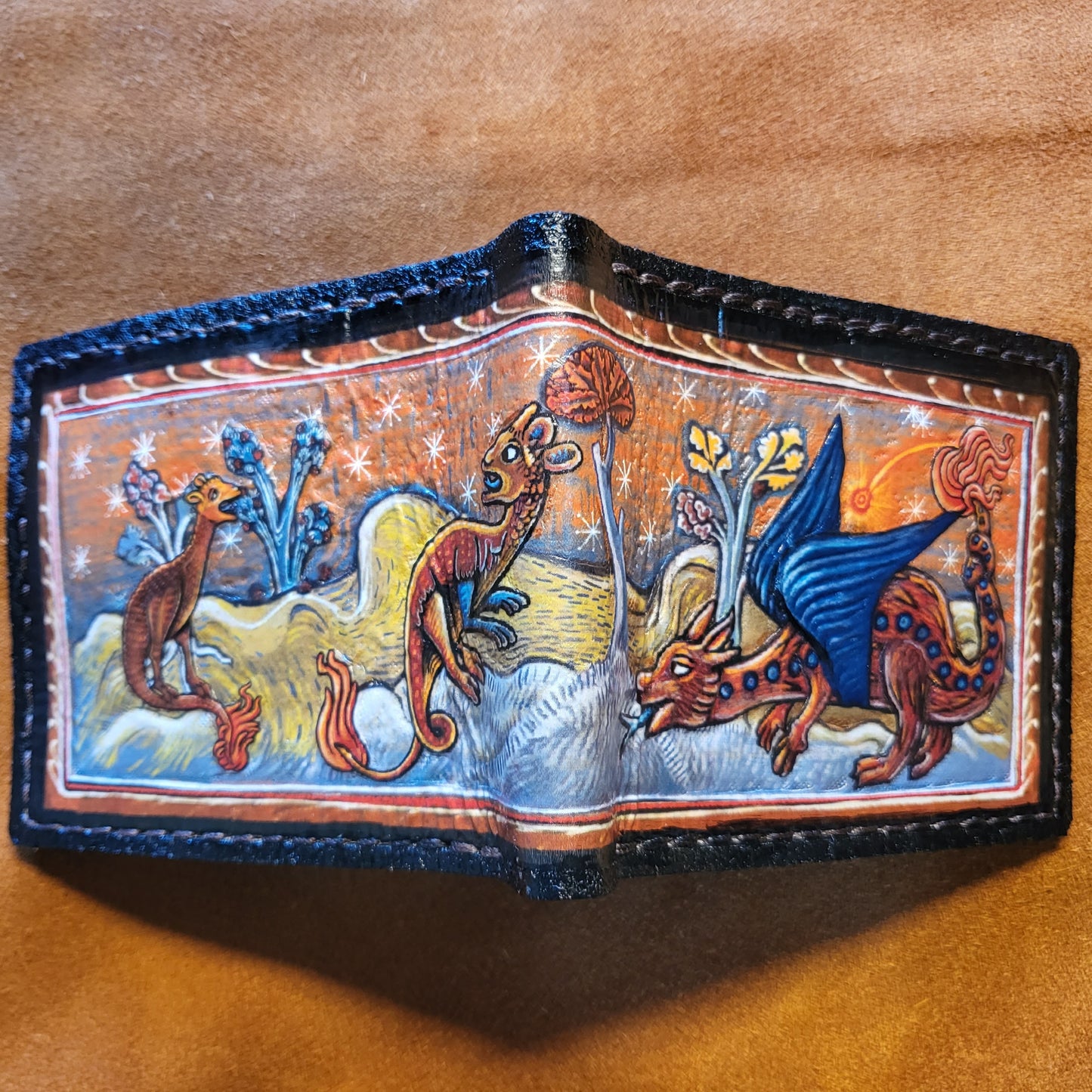 Medieval manuscript pokealchemy -3D textured surface - Hand stamped -Charmander transmutations-evolutions  - Leather Wallet - Handcrafted