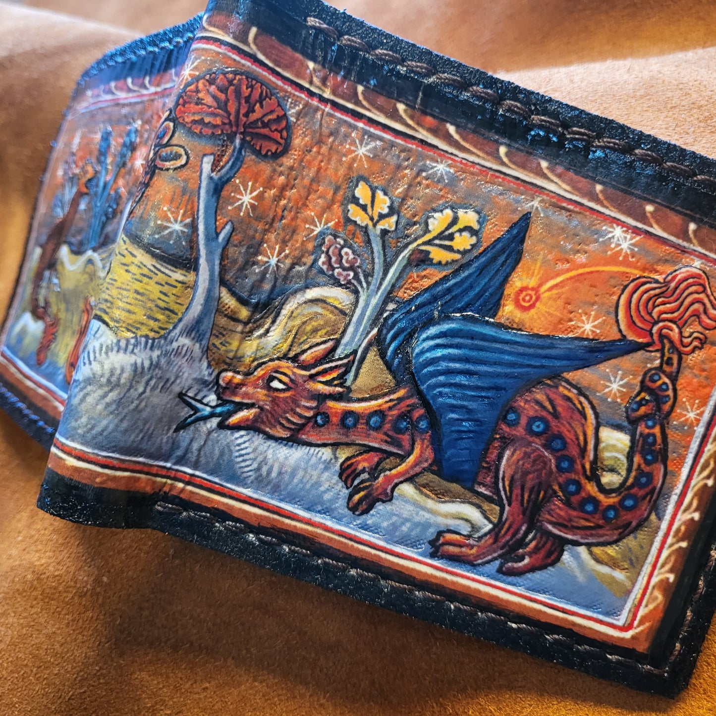 Medieval manuscript pokealchemy -3D textured surface - Hand stamped -Charmander transmutations-evolutions  - Leather Wallet - Handcrafted