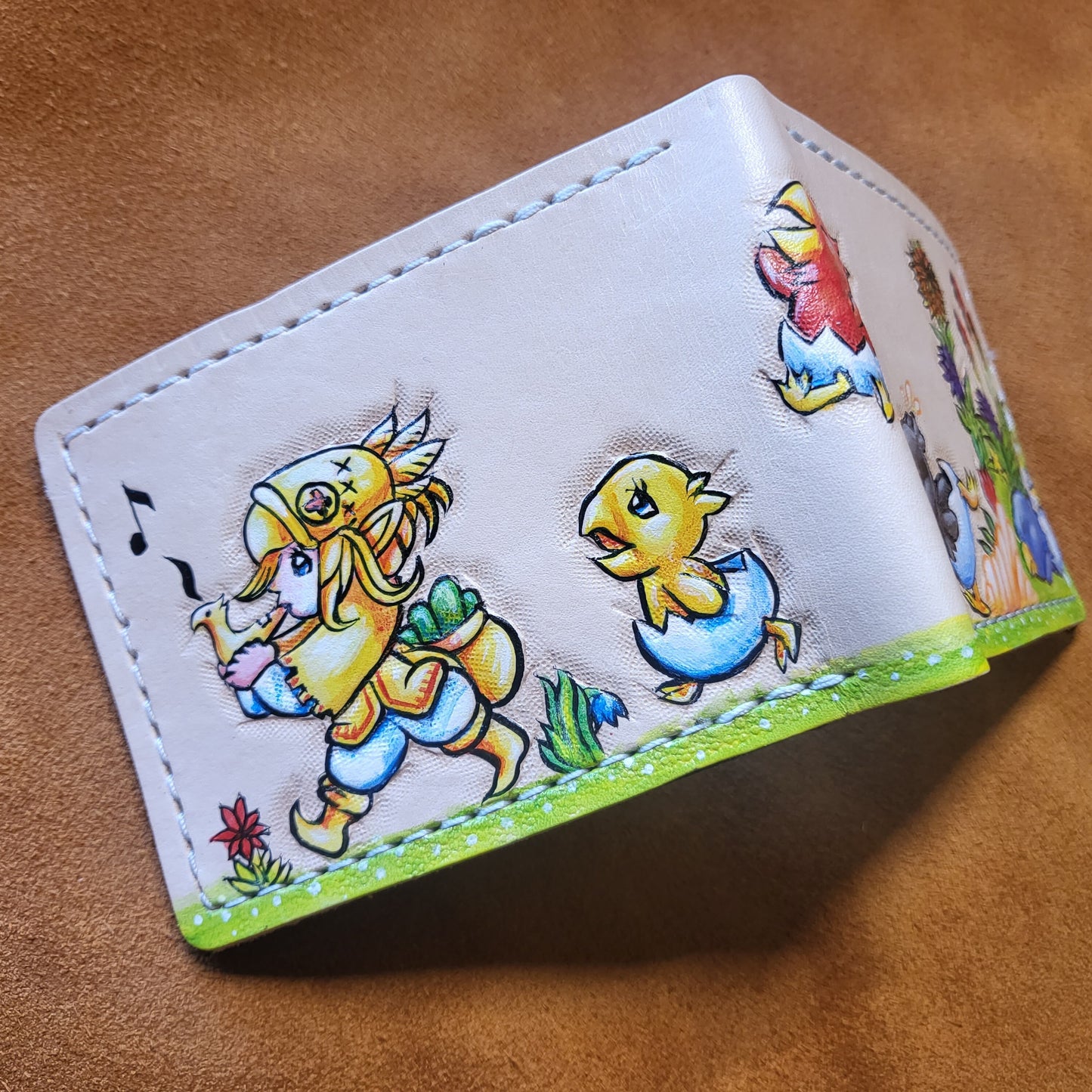 Chocobo Chick March yellow red black blue version - Tan Leather Bifold Wallet - Handcrafted Final Fantasy inspired Wallet - baby