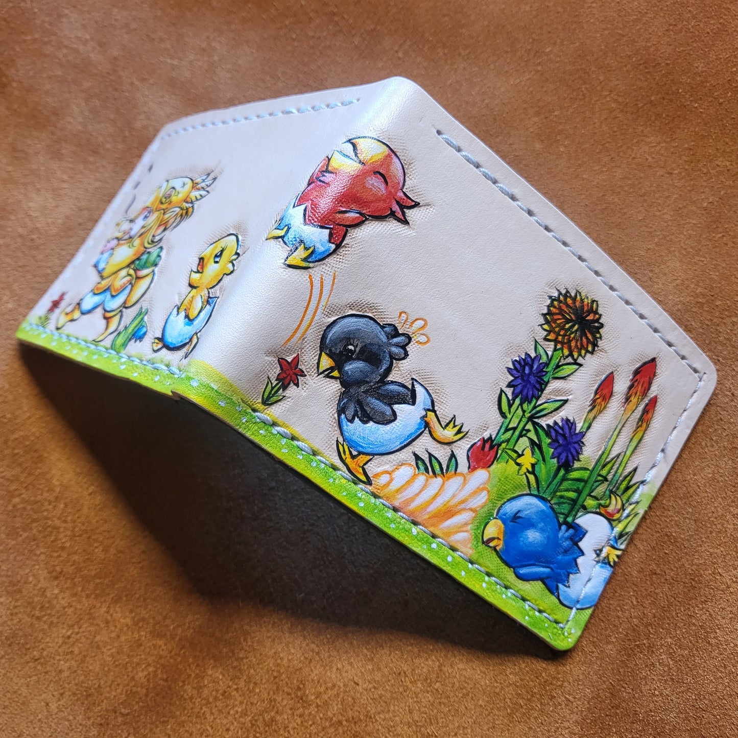 Chocobo Chick March yellow red black blue version - Tan Leather Bifold Wallet - Handcrafted Final Fantasy inspired Wallet - baby