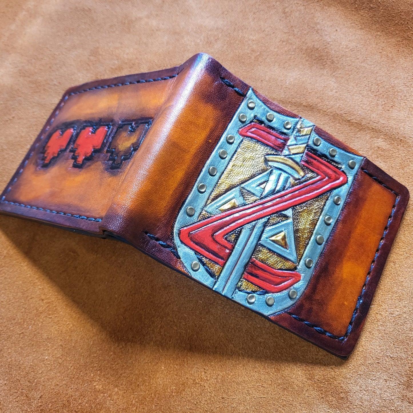 Hyrule Shield and Heart containers leather wallet- Leather Bifold Wallet - Handcrafted Legend of Zelda Wallet - Link Wallet