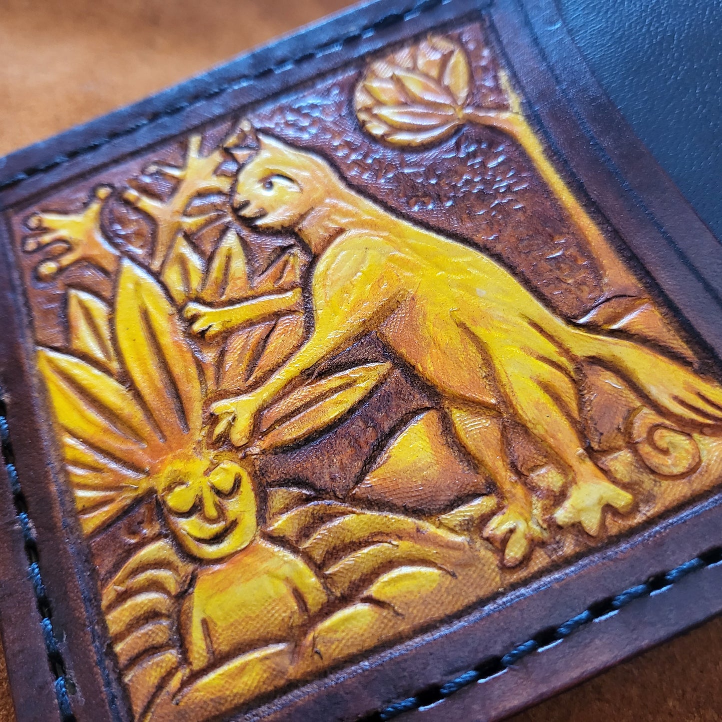 Marginalia medieval cats - bee keepers - leather wallet- Dark Brown and ivory colour - Leather Bifold Wallet - Handcrafted