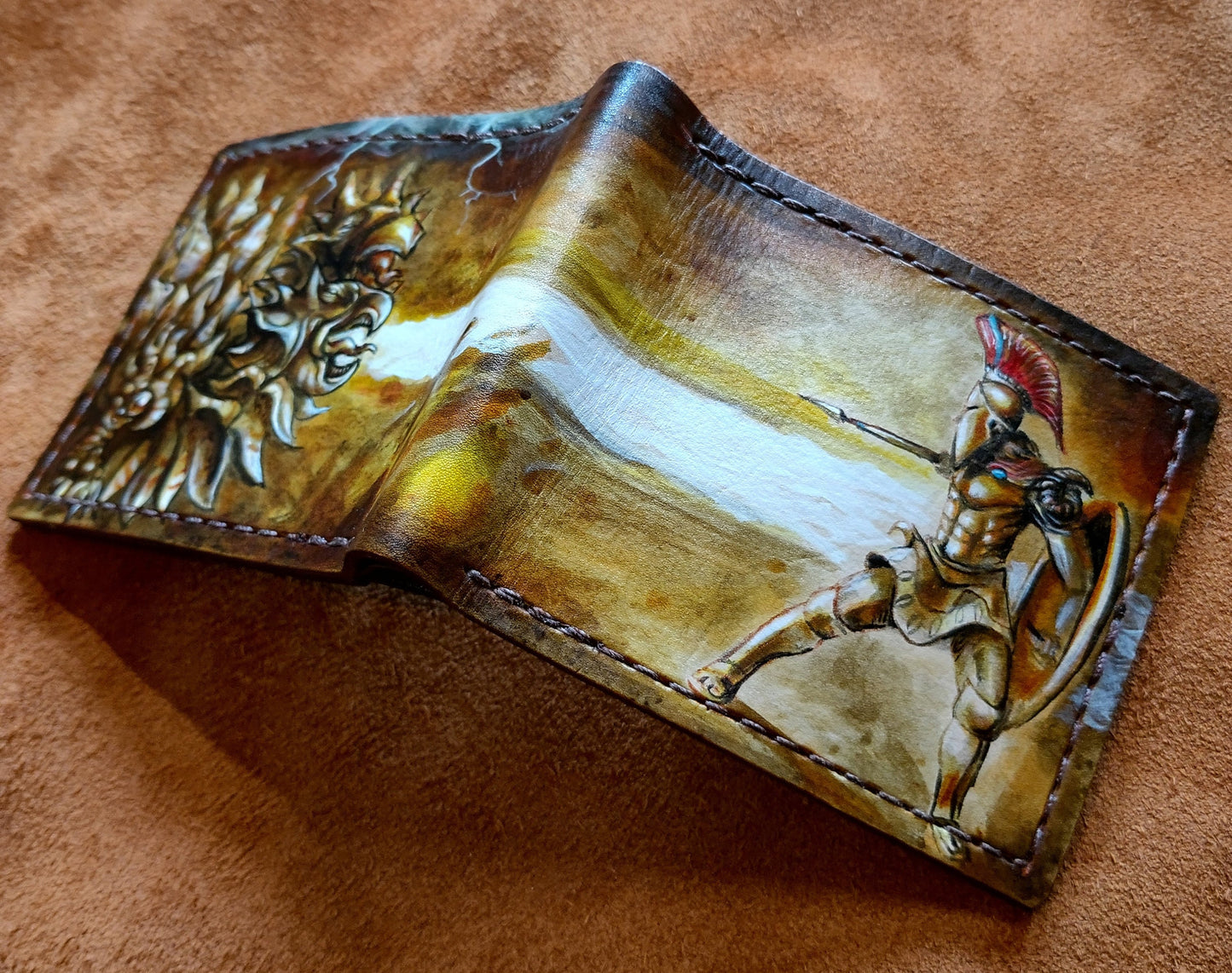 Spartan warrior and dragon Leather Bifold Wallet