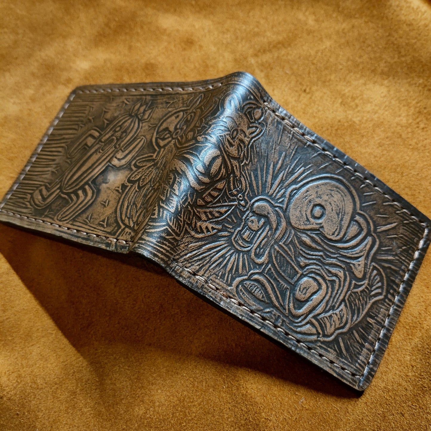 Textured - Cactuar - Chocobo and Tonberry - dark brown Leather Bifold Wallet - Handcrafted Final Fantasy 14 inspired Wallet -