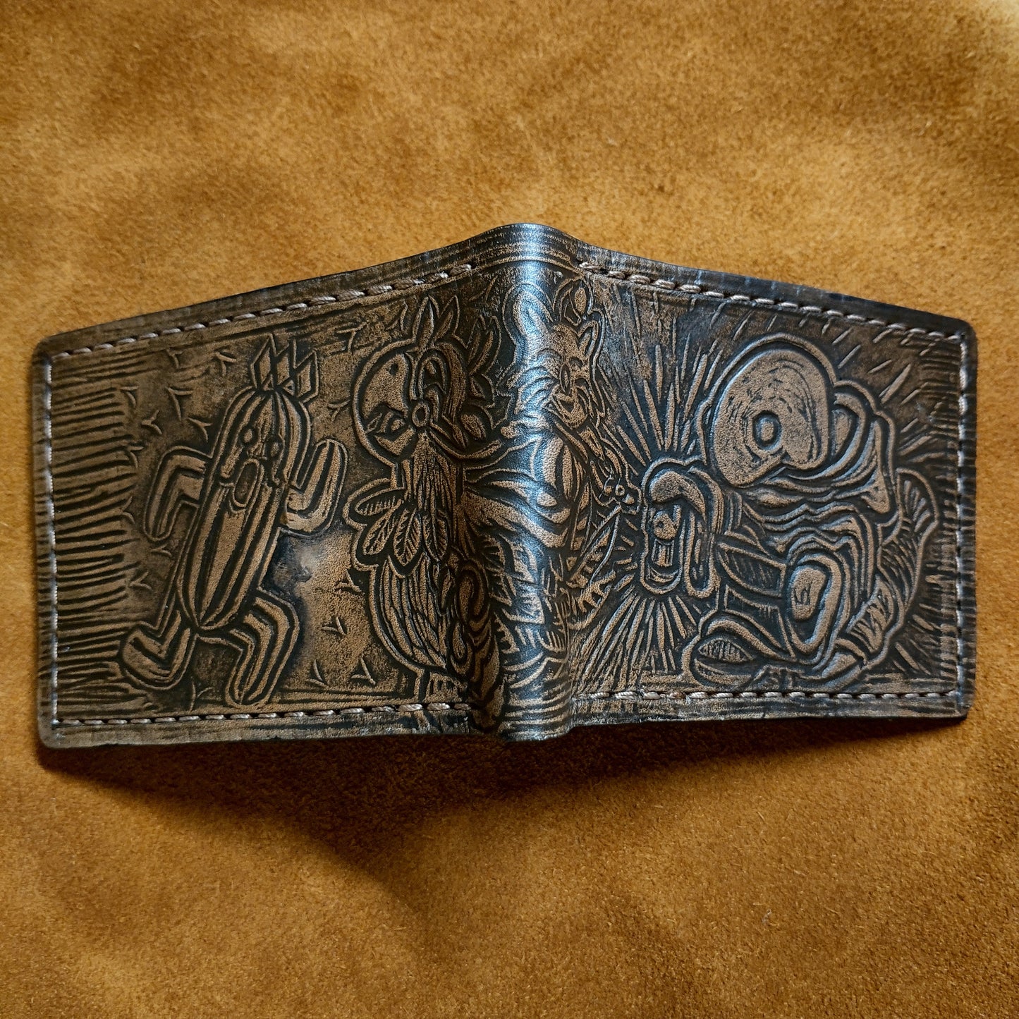 Textured - Cactuar - Chocobo and Tonberry - dark brown Leather Bifold Wallet - Handcrafted Final Fantasy 14 inspired Wallet -