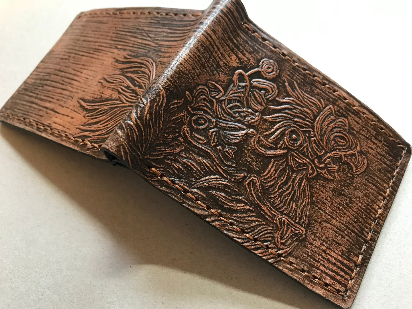 Textured - Chocobo and  Rider - dark brown Leather Bifold Wallet - Handcrafted Final Fantasy 14 inspired Wallet -