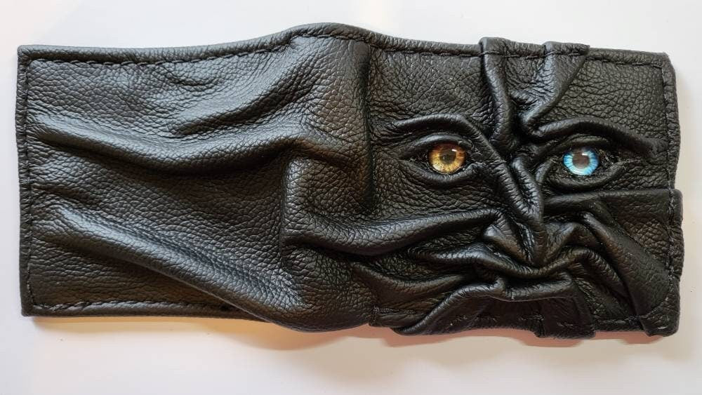 Gnome King - dark black version - Necromonicon - Oz - demon eyes - monster face - Leather wallet.