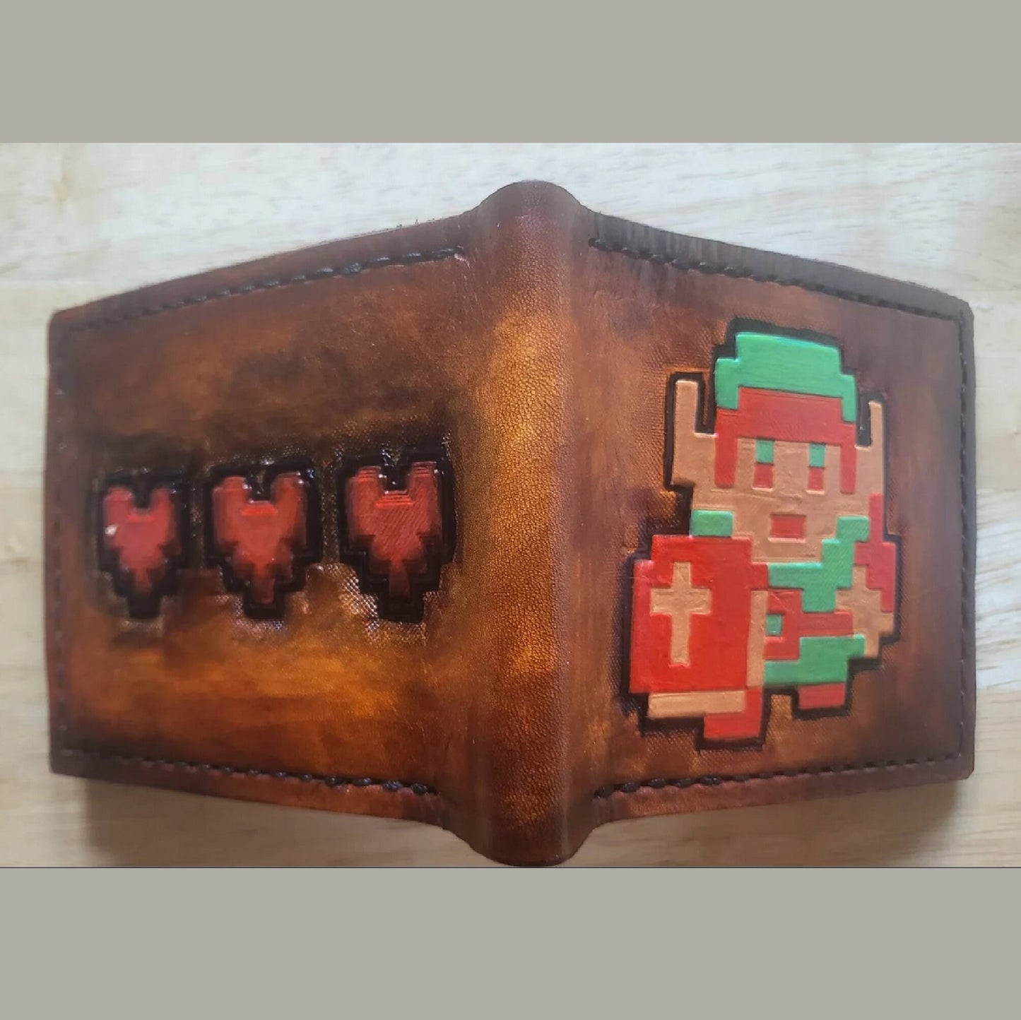 Pixel Link and Heart containers- color version - leather wallet - Leather Bifold Wallet - Handcrafted Legend of Zelda Wallet - Link Wallet
