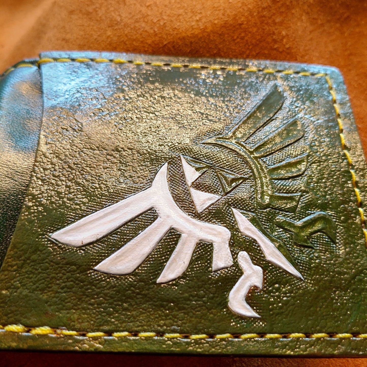 Double Hyrule Crest kokiri green and chrome version - Dark Brown version - Leather Bifold Wallet - Handcrafted Legend of Zelda Wallet