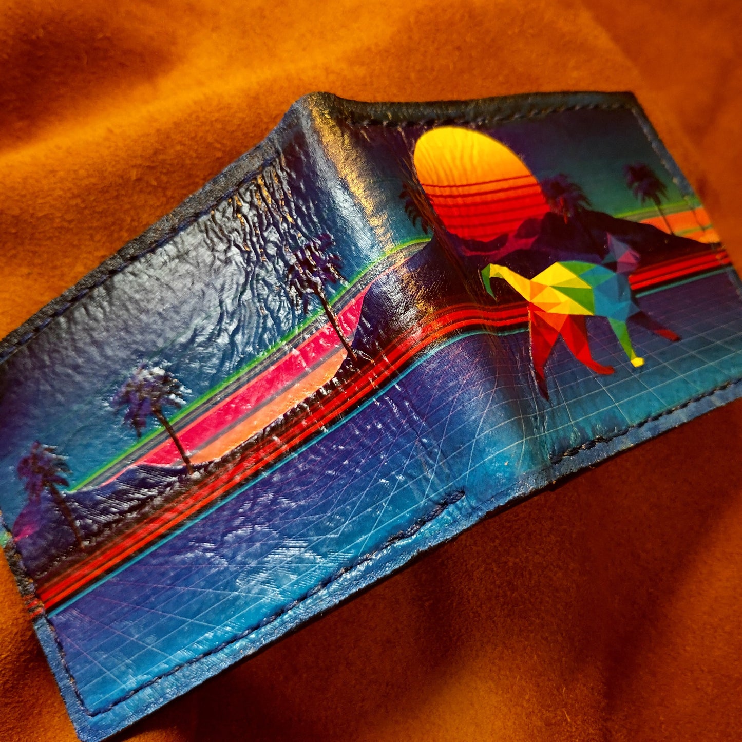 Vapourwave Cat Sunset - Leather Bifold Wallet - Handcrafted Wallet -