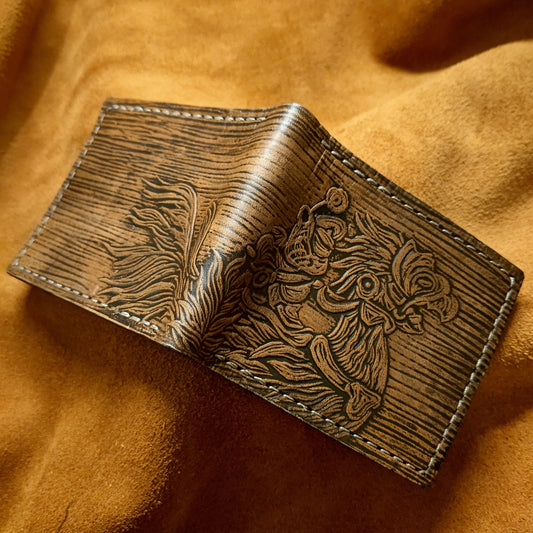 Textured - Chocobo and  Rider - dark brown Leather Bifold Wallet - Handcrafted Final Fantasy 14 inspired Wallet -