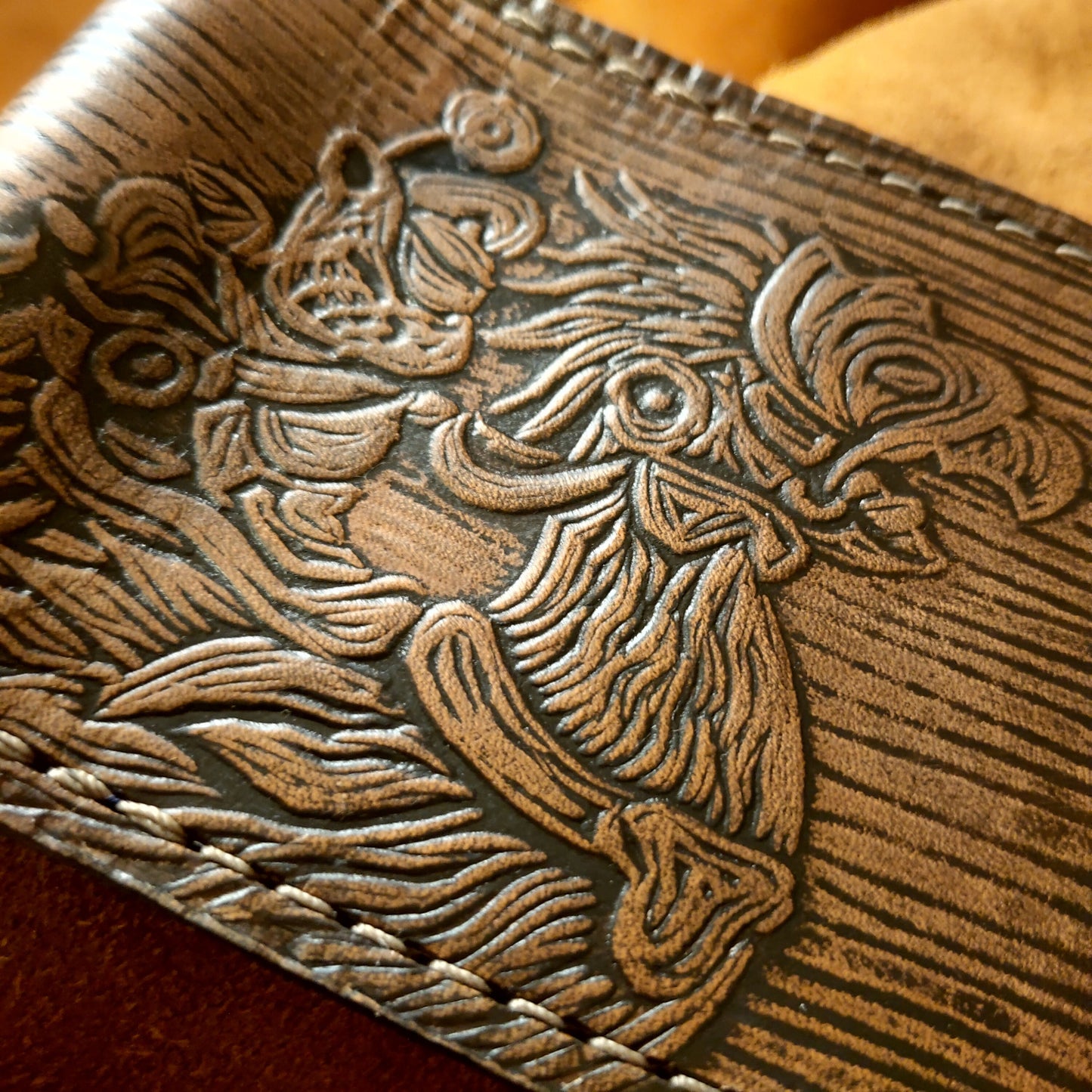 Textured - Chocobo and  Rider - dark brown Leather Bifold Wallet - Handcrafted Final Fantasy 14 inspired Wallet -