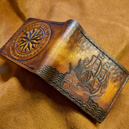 Wanderlust - Galleon - Sea fairer - Compass - TravelLeather Bifold Wallet - Handcrafted Skull Wallet -